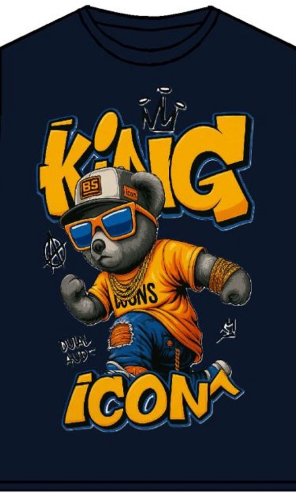 Kinder T-shirt “ICON Bear” – navy – donkerblauw - Full Color Print – Maten 98 t/m 164 – 95% Katoen – Streetwear Look - Beer - King Stoer