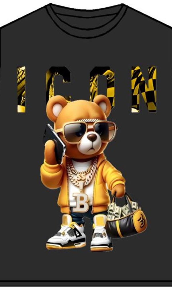 Kinder T-shirt “ICON Bear” – Zwart – Full Color Print – Maten 98 t/m 164 – 95% Katoen – Streetwear Look - Beer - Gold - Money Stoer