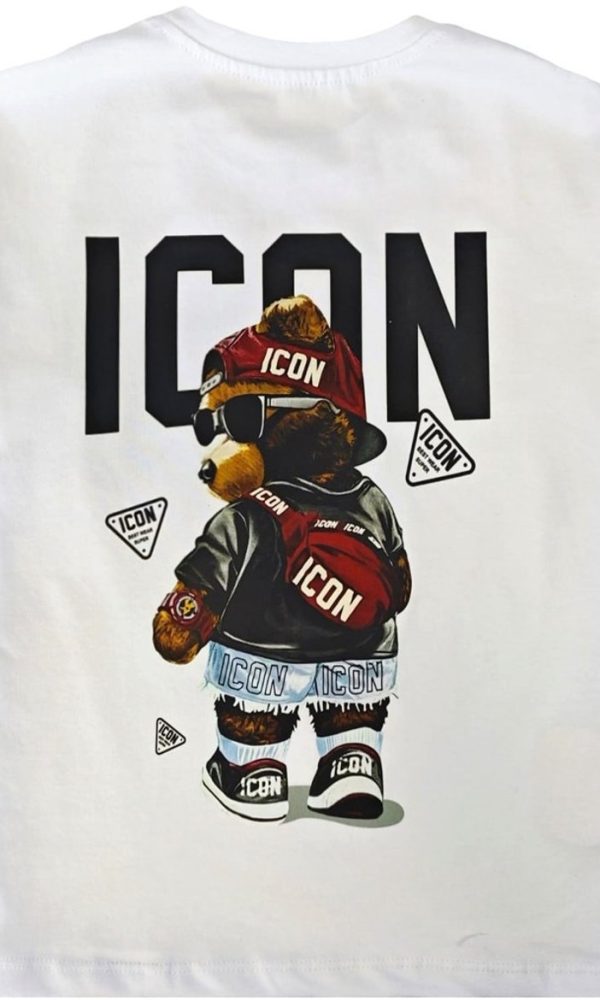 Kinder T-shirt “ICON Bear” – Wit – Full Color Print – Maten 98 t/m 164 – 95% Katoen – Streetwear Look - Beer - Zonnebril - Cap - Sneakers Stoer