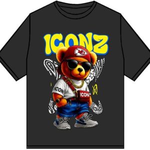 Kinder T-shirt “ICON Bear” – Zwart – Full Color Print – Maten 98 t/m 164 – 95% Katoen – Streetwear Look - Beer - Gold - sneakers - ICONZ Stoer