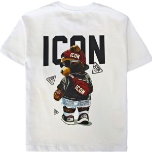 Kinder T-shirt “ICON Bear” – Wit – Full Color Print – Maten 98 t/m 164 – 95% Katoen – Streetwear Look - Beer - Zonnebril - Cap - Sneakers Stoer