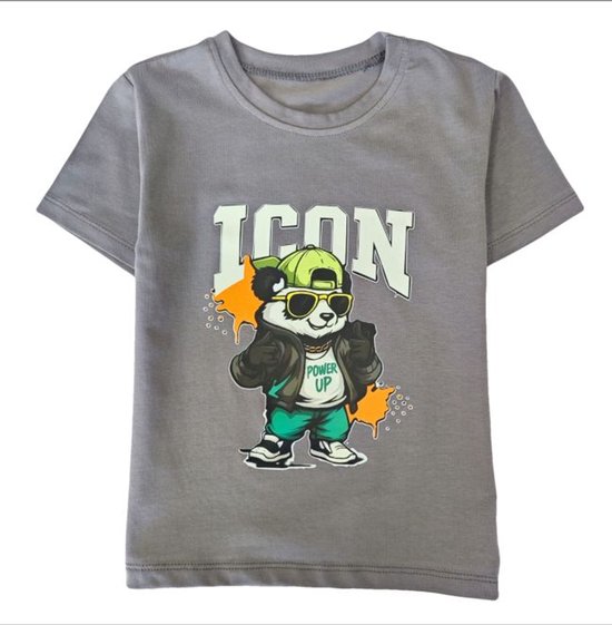 Kinder T-shirt “ICON Bear” – Grijs – Full Color Print – Maten 98 t/m 164 – 95% Katoen – Streetwear Look - Beer - Power Up Stoer