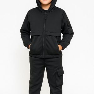 Joggingpak Kind – Vest met Capuchon + Broek – Trainingspak – Maten 98 t/m 164 – Jongens & Meisjes – Kleur Zwart – Hele Jaar Draagbaar - Topkwaliteit