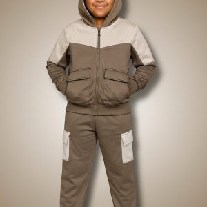 Joggingpak Kind – Vest met Capuchon + Broek – Trainingspak – Maten 98 t/m 164 – Kleur Beige – Fleece - Hele Jaar Draagbaar - Topkwaliteit