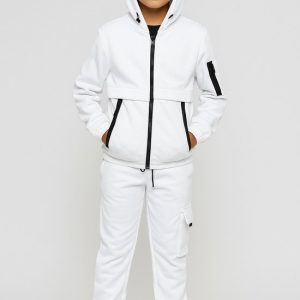 Joggingpak Kind – Vest met Capuchon + Broek – Trainingspak – Maten 98 t/m 164 – Jongens & Meisjes – Kleur Wit – Hele Jaar Draagbaar - Topkwaliteit