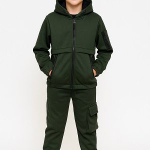 Joggingpak Kind – Vest met Capuchon + Broek – Trainingspak – Maten 98 t/m 164 – Jongens & Meisjes – Kleur Kaki groen – Hele Jaar Draagbaar - Topkwaliteit