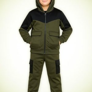 Joggingpak Kind – Vest met Capuchon + Broek – Trainingspak – Maten 98 t/m 164  – Kleur Kaki – Fleece - Hele Jaar Draagbaar - Topkwaliteit