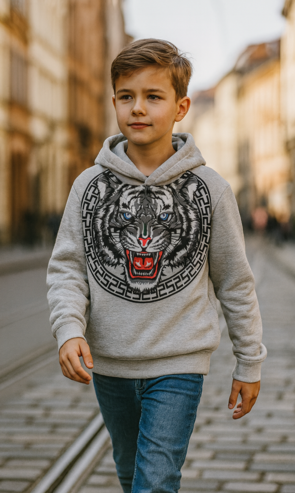 Kinder sweater tijger grijs full color hoodie maten 98 t/m 164 tiger wildlife stoer zeer mooi!