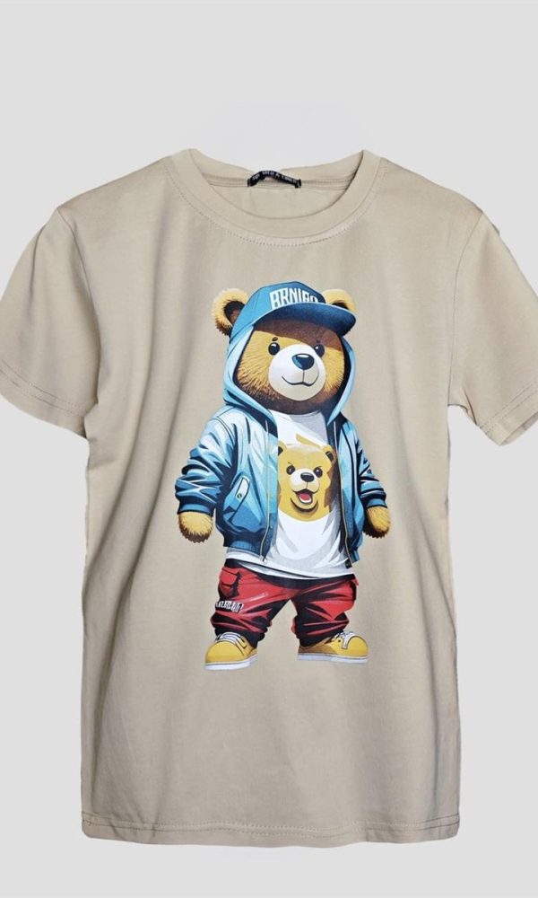 Kinder T-shirt “Bear” – zandkleurig – Full Color Print – Maten 98 t/m 164