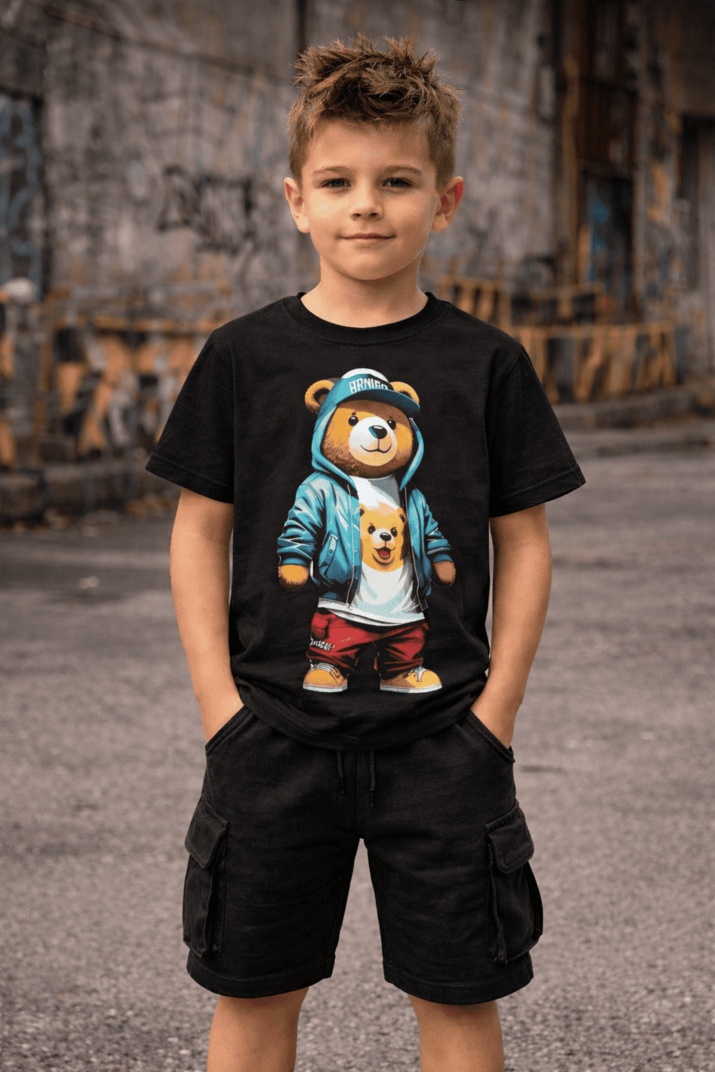 Kinder T-shirt “Bear” – Zwart – Full Color Print – Maten 98 t/m 164 - Afbeelding 2