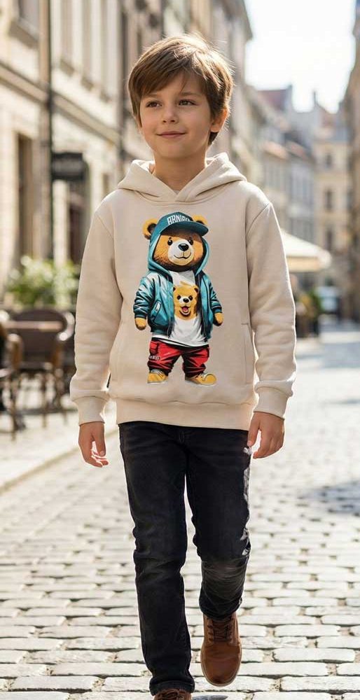 Hoodie Kinder met beer BEAR capuchon maat 98 t/m 164 sweater kleur crème Teddy