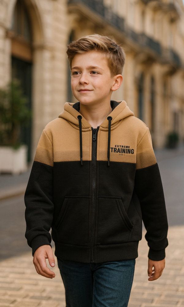 Kinder vest met capuchon kleur Beige maten 98 t/m 164 Hoodie sweatvest Streetwear Beige/zwart Topkwaliteit