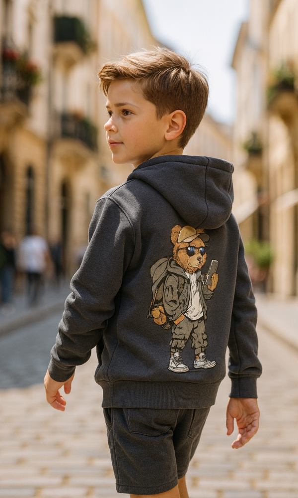 Kinder vest met capuchon Beer Bear kleur Antraciet donkergrijs maten 98 t/m 164 Hoodie sweatvest Streetwear Topkwaliteit