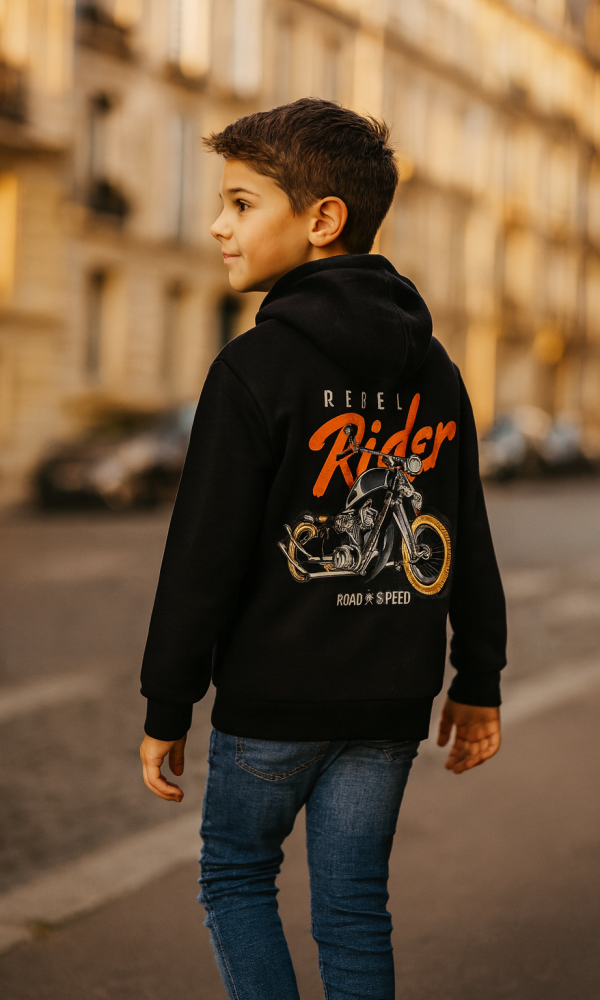 Kinder vest met motor en capuchon kleur Zwart maten 98 t/m 164