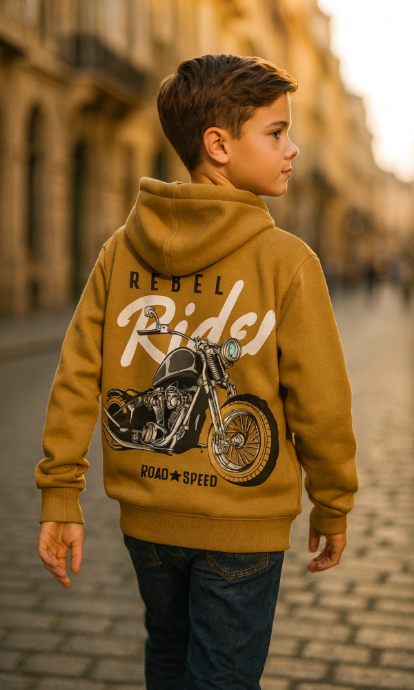 Kinder vest met motor en capuchon kleur Bruin maten 98 t/m 164