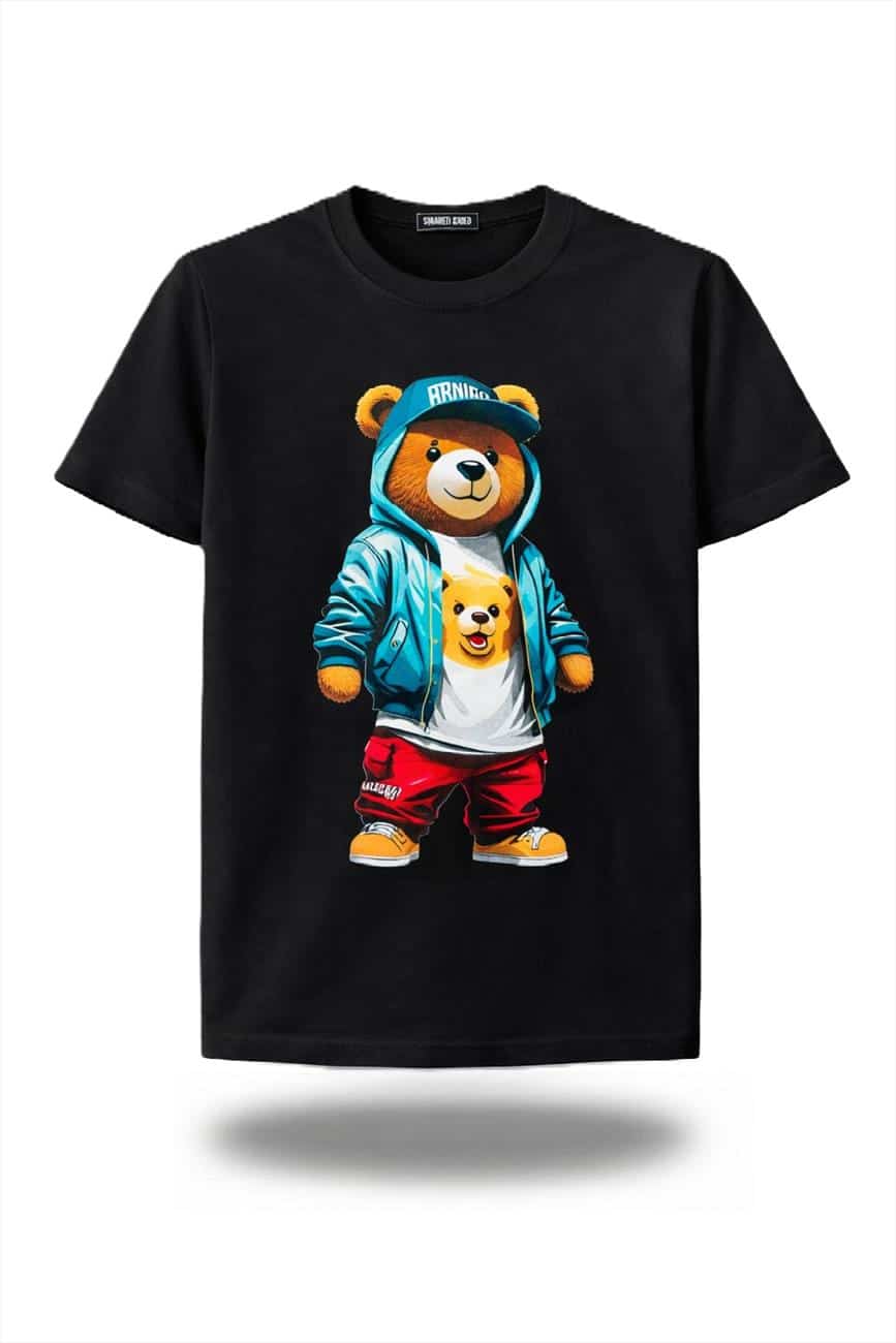 Kinder T-shirt “Bear” – Zwart – Full Color Print – Maten 98 t/m 164
