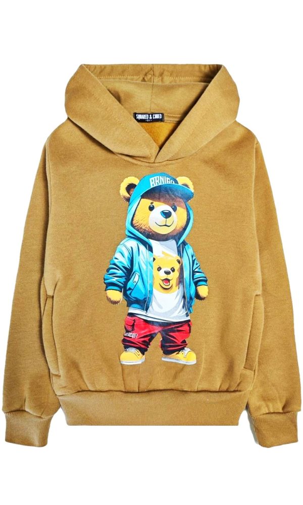 Hoodie Kinder met beer BEAR capuchon maat 98 t/m 164 sweater kleur camel Teddy