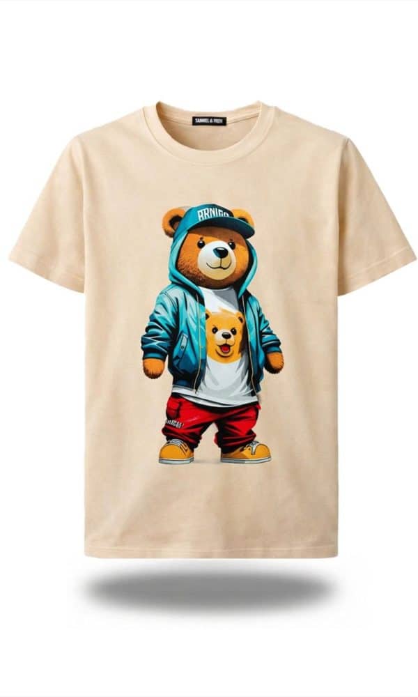 Kinder T-shirt “Bear” – zandkleurig – Full Color Print – Maten 98 t/m 164