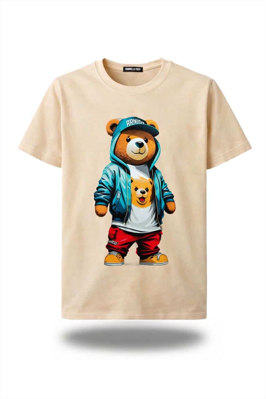 Kinder T-shirt “Bear” – zandkleurig – Full Color Print – Maten 98 t/m 164