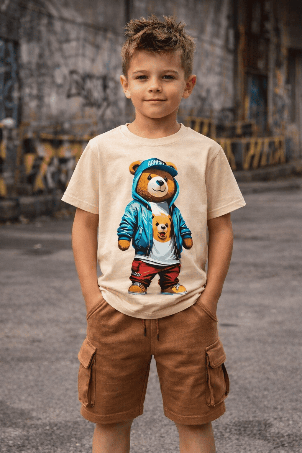 Kinder T-shirt “Bear” – zandkleurig – Full Color Print – Maten 98 t/m 164 - Afbeelding 2