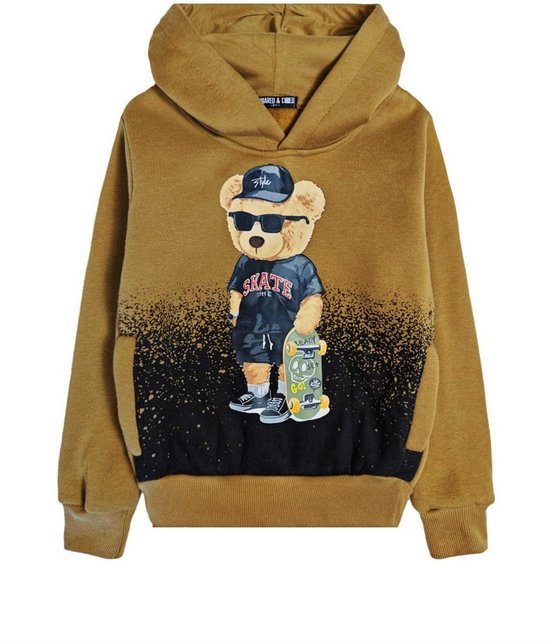 Hoodie Kinder met beer BEAR capuchon maat 98 t/m 164 sweater kleur camel Teddy