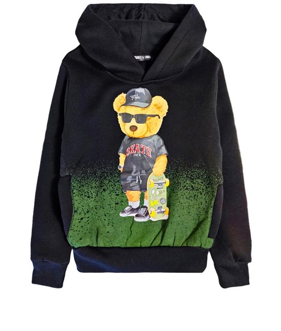 Hoodie Kinder met beer BEAR | capuchon |Maat 98 t/m 164 sweater | zwart/groen