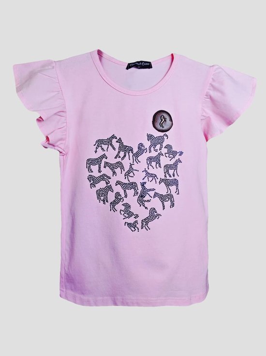 T-shirt met paard, roze, maat 92 t/m 152, horses, pony, veulen, steentjes, vlindermouw