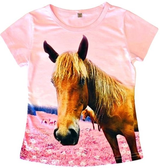 Home t shirt met bruin paard, zachtroze, maat 92 t/m 152, horses, pony