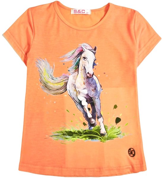 t shirt met wit paard, oranje, maat 92 t/m 152, horses, pony, veulen