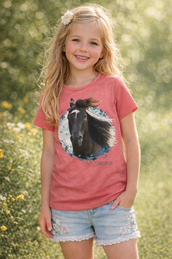 t shirt met bruin paard, zalm, maat 92 t/m 152, horses, pony, veulen t shirt met bruin paard, zalm, maat 92 t/m 152, horses, pony, veulen