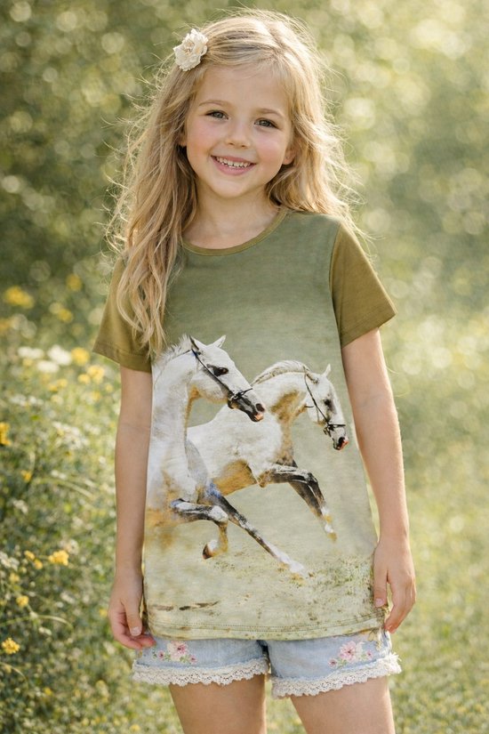 t shirt met wit paard, groen, maat 92 t/m 152, horses, pony, veulen t shirt met wit paard, groen, maat 92 t/m 152, horses, pony, veulen