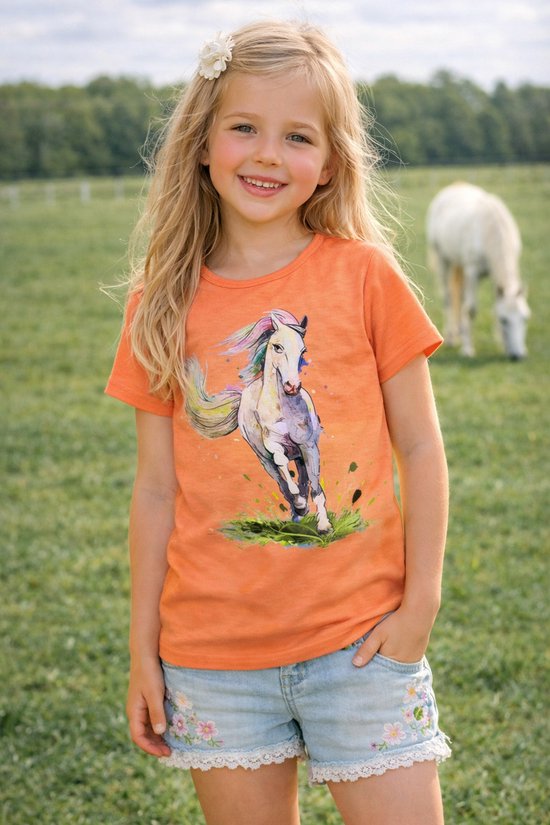 t shirt met wit paard, oranje, maat 92 t/m 152, horses, pony, veulen t shirt met wit paard, oranje, maat 92 t/m 152, horses, pony, veulen